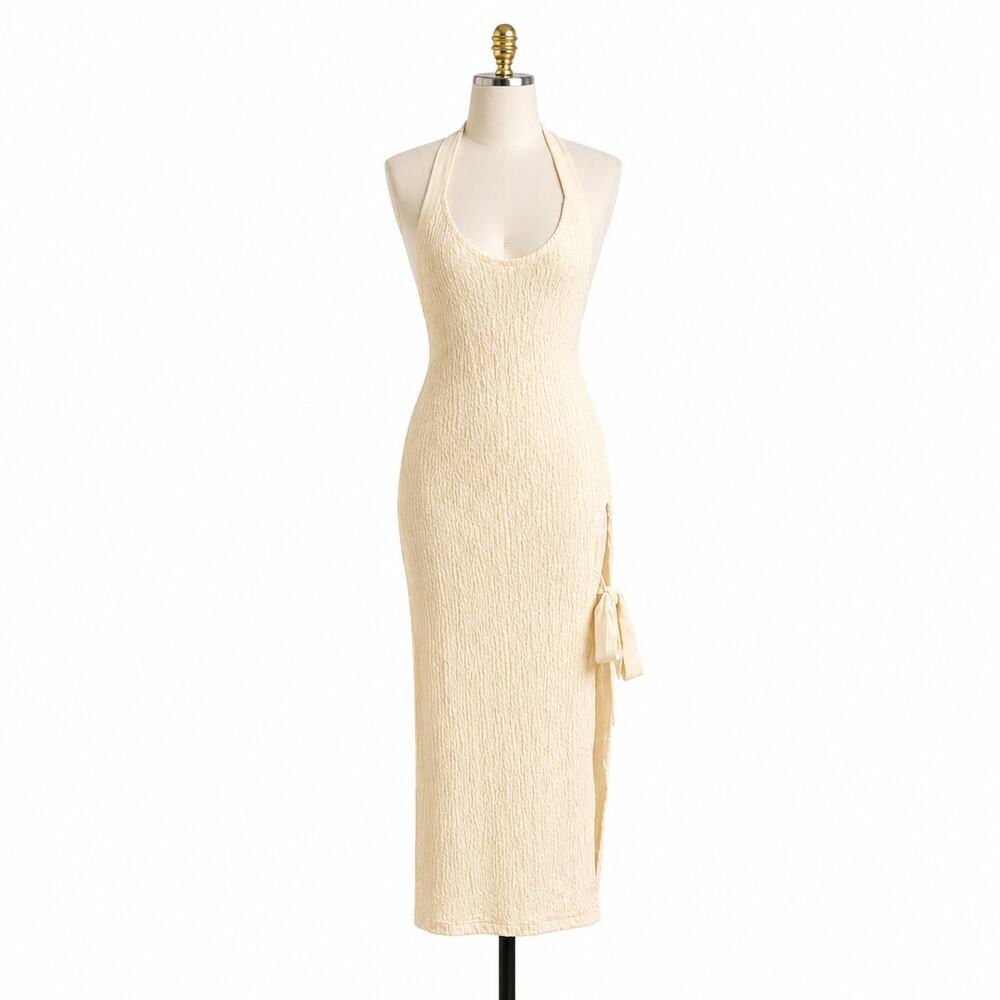 Free People Sea Foam Textured Halter Midi Dress Ivory NWOT Size Large